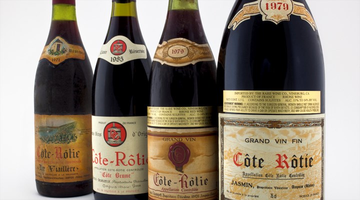 A Murderer’s Row of Great Côte Rôtie from the growers above.  From left, wines from Albert Dervieux, Marius Gentaz, Emile Champet and Robert Jasmin.